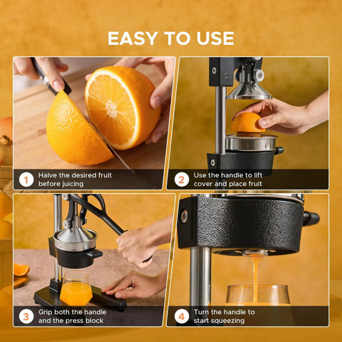 Cast Iron Manual Citrus Juicer Heavy Duty Orange Press Professional Bar Quality Hand Squeezer showing juicing steps with orange.