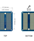 Top and bottom view of Mini PCB Prototype Board Solderable Breadboard Kit For DIY Electronics Gold Plated 6 Pack Multicolor Set For Easy Mini Arduino Projects Through Hole DIP Compatible Lead Free RoHS Compliant, showing hole dimensions.