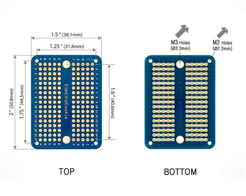 Top and bottom view of Mini PCB Prototype Board Solderable Breadboard Kit For DIY Electronics Gold Plated 6 Pack Multicolor Set For Easy Mini Arduino Projects Through Hole DIP Compatible Lead Free RoHS Compliant, showing hole dimensions.