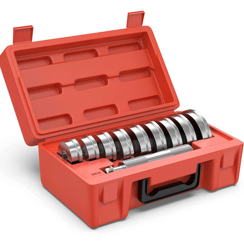 Open carrying case with Bearing Race And Seal Bush Driver Set With Carrying Case Universal Kit For Automotive Wheel Bearings 10 Piece Includes 1 Driver And 9 Collar Discs For Precise Race And Seal Installation Pro Grade displayed.