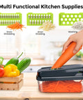 Using 12-In-1 Vegetable Chopper With Built-In Container for shredding carrots, next to fresh vegetables, durable ABS body visible.