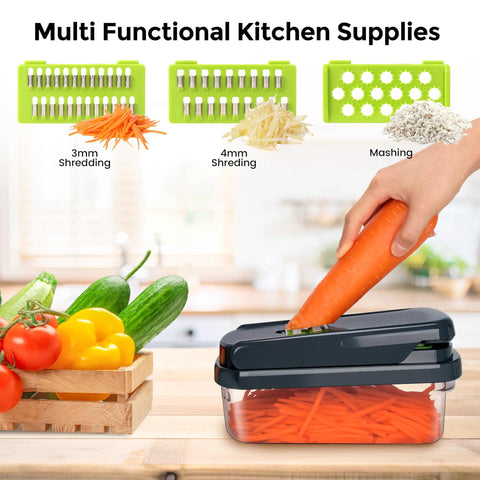 Using 12-In-1 Vegetable Chopper With Built-In Container for shredding carrots, next to fresh vegetables, durable ABS body visible.