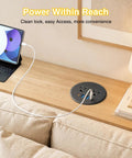Three Inch Desktop Power Grommet With 35W USB C Fast Charging And Dual 18W USB A Outlets Black Six Foot Cord on a wooden desk.