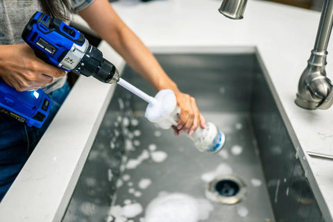 Drill Powered Bottle Brush Cleaner For Water Bottles Mugs Cups Pots Glasses Jars Blenders And Pitchers White And Blue in use