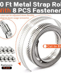 Pro Grade Heavy Duty Hose Clamps Kit with 185 Piece Set showing 10 ft metal strap roll and 8 fasteners