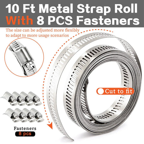 Pro Grade Heavy Duty Hose Clamps Kit with 185 Piece Set showing 10 ft metal strap roll and 8 fasteners