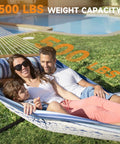 Two Person Outdoor Hammock With Stand For Lazy Summer Lounging, Cotton Rope Hammock With Removable Quilted Polyester Pad shown with family