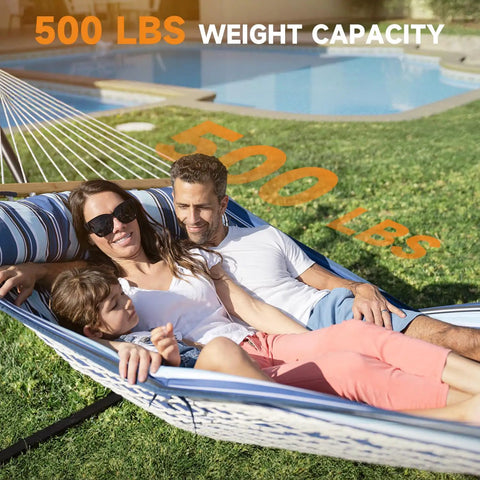 Two Person Outdoor Hammock With Stand For Lazy Summer Lounging, Cotton Rope Hammock With Removable Quilted Polyester Pad shown with family