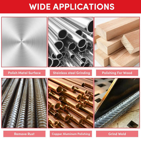 Image showing various metal surfaces and applications with labels for polishing, grinding, rust removal, and welding.