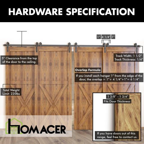 Black Rustic Single Track Bypass Sliding Barn Door Hardware Kit for Four Doors, 13 Foot Long Flat Track Installed