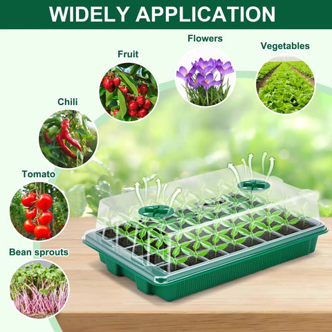 Five Pack Seed Starter Trays Kit With 200 Cells Total See Through Lids And Adjustable Humidity Dome showcasing seedlings and plant use