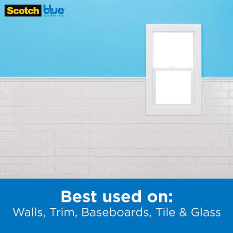 Image of Pro Grade Sharp Lines Painter Tape For Multi Surface Use Indoor And Outdoor with edge-lock blue wall and white tiled baseboard.
