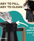 Pouring coffee and ice into Vacuum Insulated Thermal Carafe 34 Oz Keeps Coffee Hot for 12 Hours with Glass Wall and Beech Wood Accents