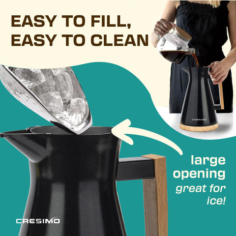 Pouring coffee and ice into Vacuum Insulated Thermal Carafe 34 Oz Keeps Coffee Hot for 12 Hours with Glass Wall and Beech Wood Accents