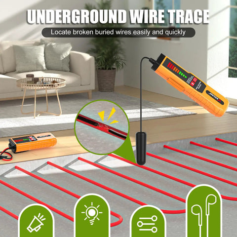 Underground Wire Locator Tracer Kit with Tone Generator Probe & Earphone, Buried Cable Break Finder for Dog Fence, Irrigation & Hidden Wire Detection shown in use with red cables on floor.
