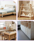 Bedroom and furniture setup with bed, shelving, sofa, and storage unit suitable for 50Pcs M6x20mm Zinc Plated Barrel Nuts Kit For Furniture Assembly.