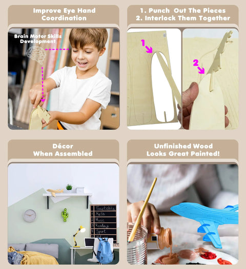 Child building 747 Jet Plane 3D Wood Puzzle Kit Build Paint And Display Your DIY Airplane Model with unfinished pieces and paint