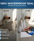 Before and after of polyurethane leak repair with tools for "Ditch That Drip Forever With This Complete Polyurethane Leak Repair Foam Kit For Pipe Penetrations And Foundation Cracks Up To One Inch, Smooth Sailing DIY Setup Included."