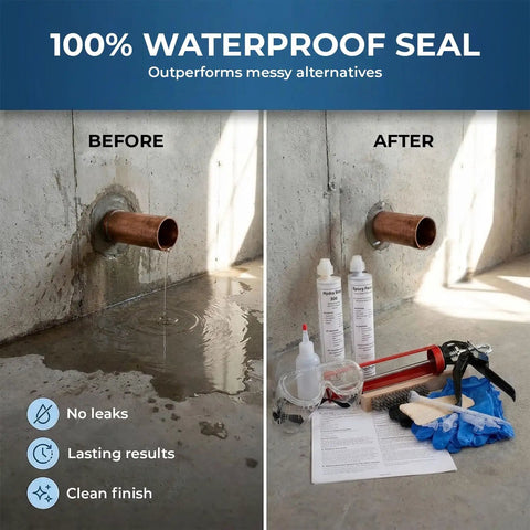 Before and after of polyurethane leak repair with tools for "Ditch That Drip Forever With This Complete Polyurethane Leak Repair Foam Kit For Pipe Penetrations And Foundation Cracks Up To One Inch, Smooth Sailing DIY Setup Included."