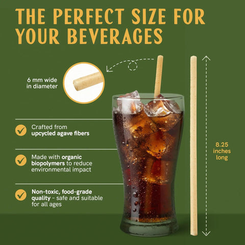 Bulk 8 Inch Agave Straws Wrapped 2,000 Count Eco Friendly Compostable Drinking Straws Made From Upcycled Agave Durable Long Lasting Sippers That Won’t Get Soggy. 8.25-inch agave straw in iced drink