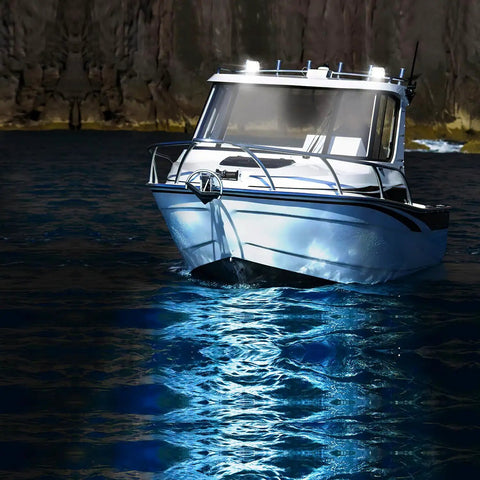 Boat illuminated by Marine LED Light Pods Four Inch White Spot Flood Combo Two Pack For Pontoon Boats Deck Dock Night Fishing