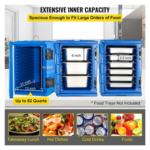 Insulated Food Pan Carrier With Wheeled Front Load Design for catering and delivery, open view showing 90L capacity and shelves, blue finish
