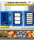 Open front view of blue insulated food pan and front load catering box with wheels 90L capacity, showing inner compartments.