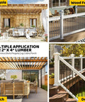 Outdoor spaces showcasing applications for 2x4 lumber including pergola, wood fence, porch, and deck.