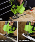Top Shelf Badass 20V Cordless Jigsaw Kit Packed With Ten Durable Steel Blades And Smart Laser Edge Guide for cutting wood, soft metals, and PVC.