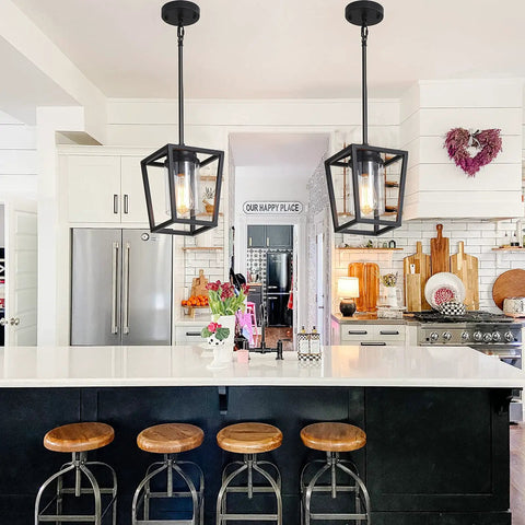 Black Pendant Light For Kitchen Island, 1 Light Modern Farmhouse Cage Lantern With Glass Shade, Adjustable Metal Hanging Fixture