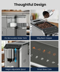 Top Shelf Automatic Espresso Machine With Built In Grinder And Rapid Milk Frother One Button Control Brew Dope Cappuccino Latte Or Bold Americano Straight Up Barista Grade Perfection features 1.5L water tank and 180g bean hopper.