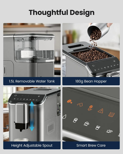 Top Shelf Automatic Espresso Machine With Built In Grinder And Rapid Milk Frother One Button Control Brew Dope Cappuccino Latte Or Bold Americano Straight Up Barista Grade Perfection features 1.5L water tank and 180g bean hopper.