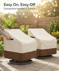 Heavy Duty Waterproof Patio Chair Covers For All Weather Protection Fits Swivel Lounge Rocking And Adirondack Chairs 600D Oxford Fabric With PU Coating UV Fade Resistant 2 Pack Beige And Brown 28W X 32D X 36H in use on swivel chairs