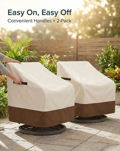 Heavy Duty Waterproof Patio Chair Covers For All Weather Protection Fits Swivel Lounge Rocking And Adirondack Chairs 600D Oxford Fabric With PU Coating UV Fade Resistant 2 Pack Beige And Brown 28W X 32D X 36H in use on swivel chairs