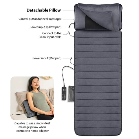 Full Body Massage Mat With Movable Neck Pillow Ten Vibrating Motors And Four Heating Pads From Neck To Feet For Deep Back And Leg Massage Perfect Home Spa Gift For Mom This Mother's Day showing detachable pillow and control