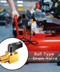 Installed brass ball-type drain valve for air compressor; 1/4 in NPT, two-piece set on red tank.