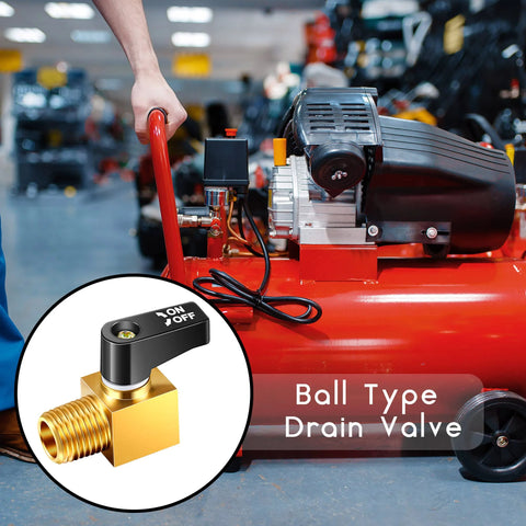 Installed brass ball-type drain valve for air compressor; 1/4 in NPT, two-piece set on red tank.