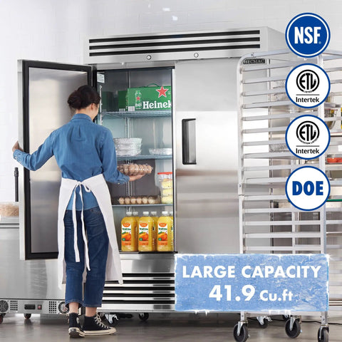Workhorse 54 Inch Reach In Commercial Refrigerator Brings 49 Cubic Feet Of Upright Storage With Two Solid Doors, NSF certified.