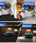 Before and after installation of 72 Pcs 12x12 Interlocking Garage Floor Tiles Drainage Flooring Tough As Nails Non Slip Polypropylene Easy Install in garages.