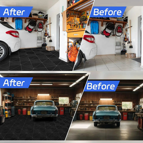 Before and after installation of 72 Pcs 12x12 Interlocking Garage Floor Tiles Drainage Flooring Tough As Nails Non Slip Polypropylene Easy Install in garages.