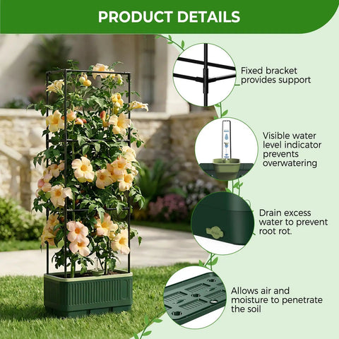 Self Watering Tomato Planter With Trellis And Water Level Indicator surrounded by flowering plants in a garden setting
