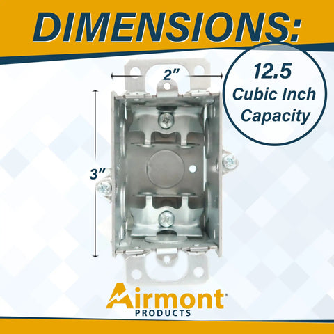 Heavy Duty 2.5 Inch Deep One Gang Metal Switch Box Haul Featuring Solid Four Pack Build With Seven Knockouts And MC Cable Clamps For Slick Electrical Wiring Jobs Around Town showing dimensions 2x3 inches.