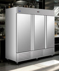81 Inch Commercial Freezer Refrigerator With Three Solid Doors Delivers Seventy Two Cubic Feet Of Heavy Duty Storage Space Stainless Steel Construction in a commercial kitchen.