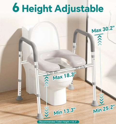 Heavy Duty Aluminum Toilet Seat Riser For Seniors With Sturdy Handle Bars And Thick Memory Padded Cushion Takes 400 Pounds No Sweat Install Quick Bathroom Swap adjustable height with measurements