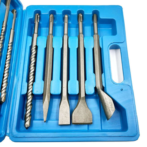 Front view of JFOGO 17-piece SDS Plus rotary hammer drill bit and chisel set in blue case
