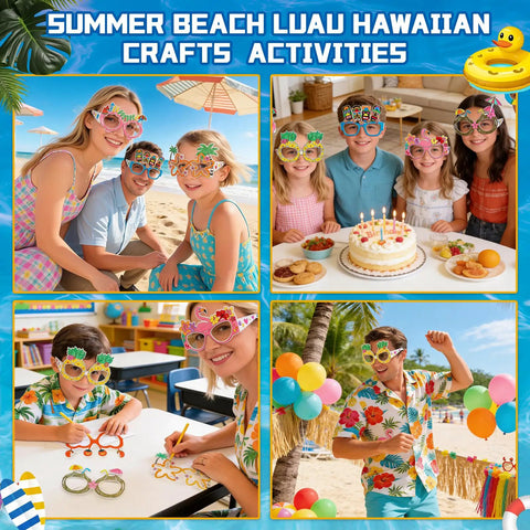 Bulk 32 Pairs Summer Craft Coloring Glasses Kit With 8 Funky Designs Hawaiian Luau Beach Party Theme DIY Decor in use by kids