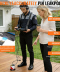 Water Leak Detector Kit For Home And Outdoor Pipes With Acoustic Sensor in use by two people in a backyard, highlighting features.