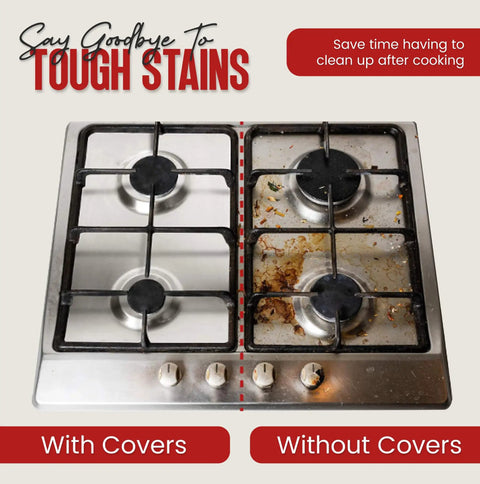 Stove with split view showing clean side with Heavy Duty Aluminum Gas Stove Burner Covers 50 Pack Disposable Stove Top Liners and messy side without.