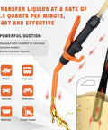 Hella Powerful Battery Fuel Siphon Pump With Slick High Suction Motor For Darn Smooth Gas Oil Water Diesel Transfer And No Drama Portable Operation In Vibrant Orange Color, transferring liquid with indicator.