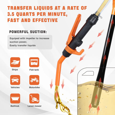 Hella Powerful Battery Fuel Siphon Pump With Slick High Suction Motor For Darn Smooth Gas Oil Water Diesel Transfer And No Drama Portable Operation In Vibrant Orange Color, transferring liquid with indicator.